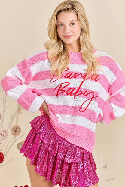 Santa Baby Sweater Featuring Bold Embroidered - Southern Sassy Boutique