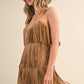 TIERED SUEDE FRINGED SLEEVELESS MINI DRESS