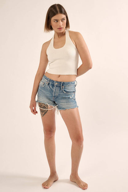 Shaper Fit Halter Rib Knit Open Back Tank Top