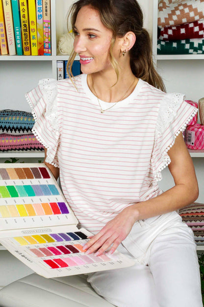 Crew Neck Ruffle Trim Sleeve Striped Cotton Blouse - Southern Sassy Boutique