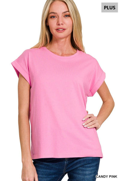 Plus Round Neck Folded Short Sleeve T Shirt
