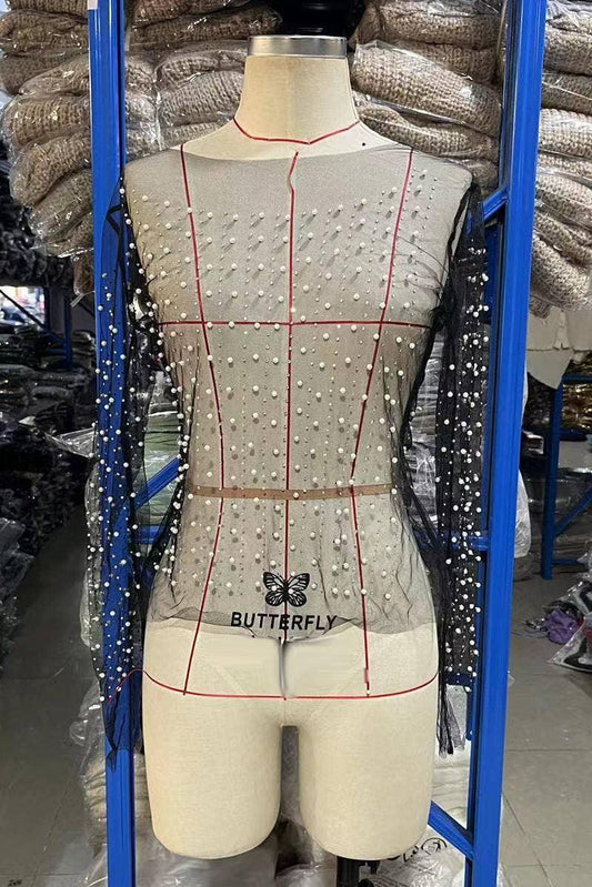 Shining pearl embellished see through sheer mesh tee top - Southern Sassy Boutique