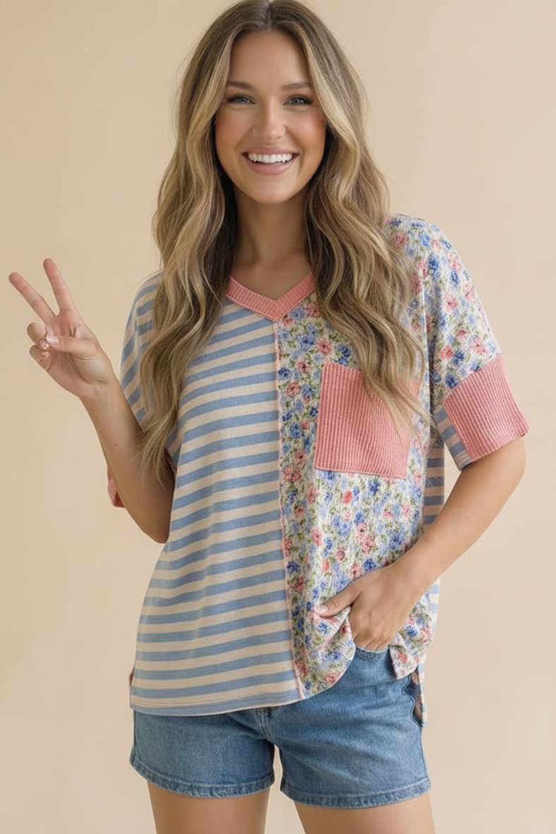 V-Neck Floral Stripe Color Block Top