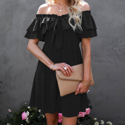 Off Shoulder Ruffle Tie Trim Dress - Southern Sassy Boutique