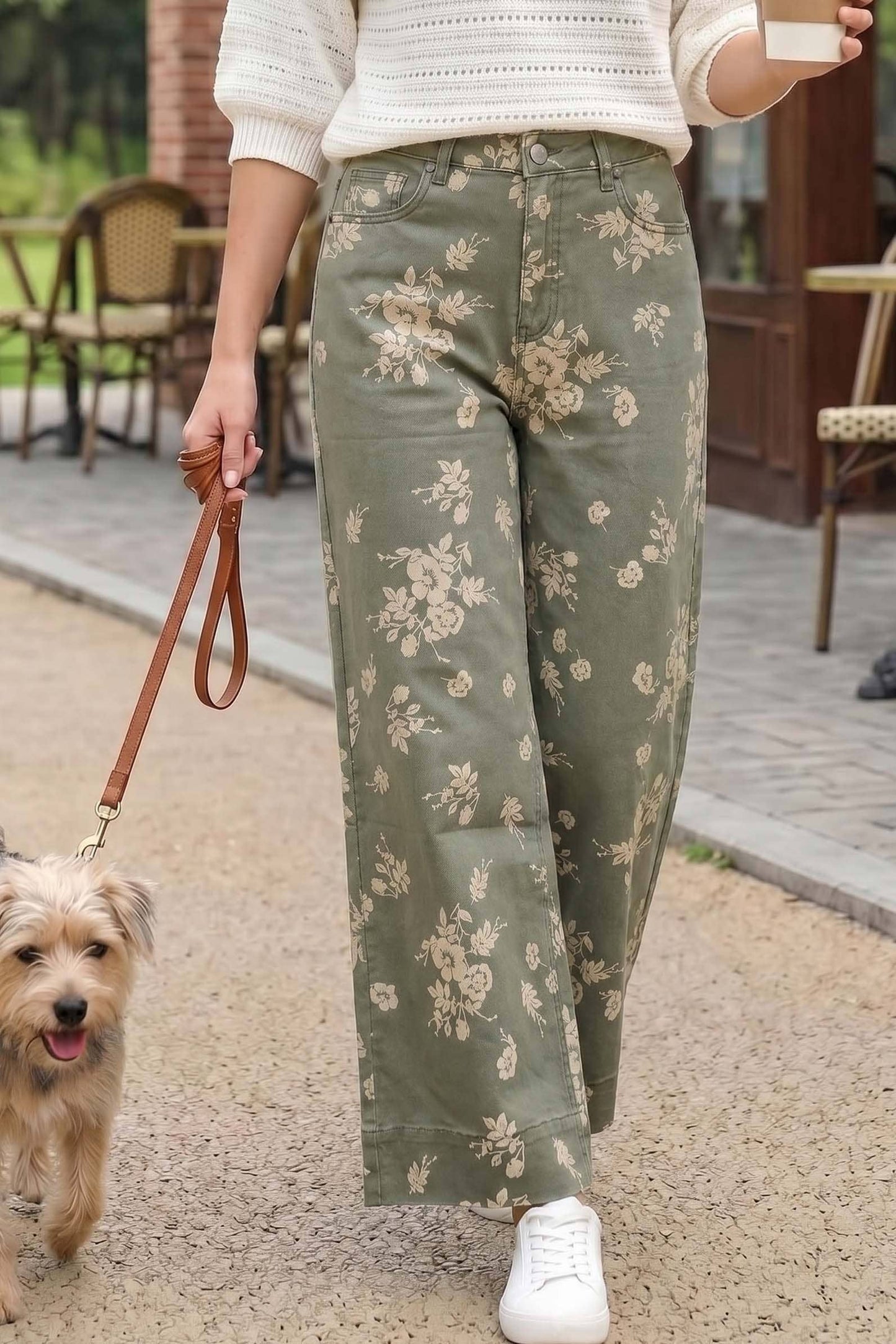 Floral Print Straight Leg Cotton Denim Span Pants