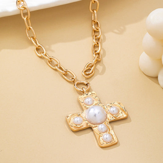 Hammered Cross Pearl Necklace