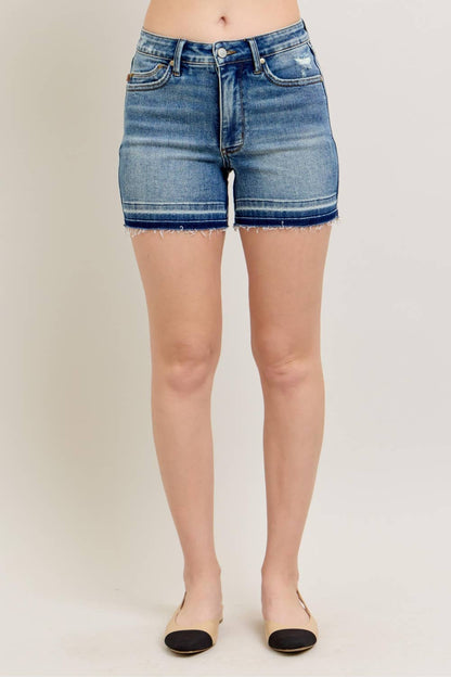 Mid Rise Tummy Control Vintage Wash Release Hem Shorts