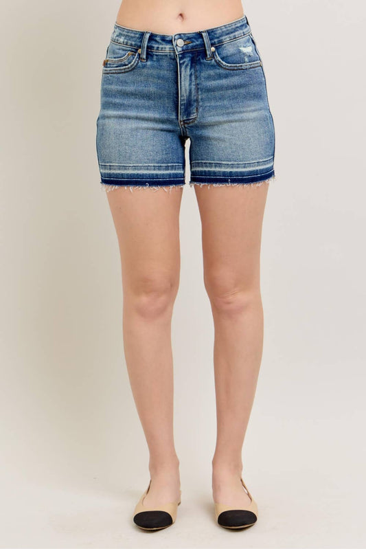 Mid Rise Tummy Control Vintage Wash Release Hem Shorts