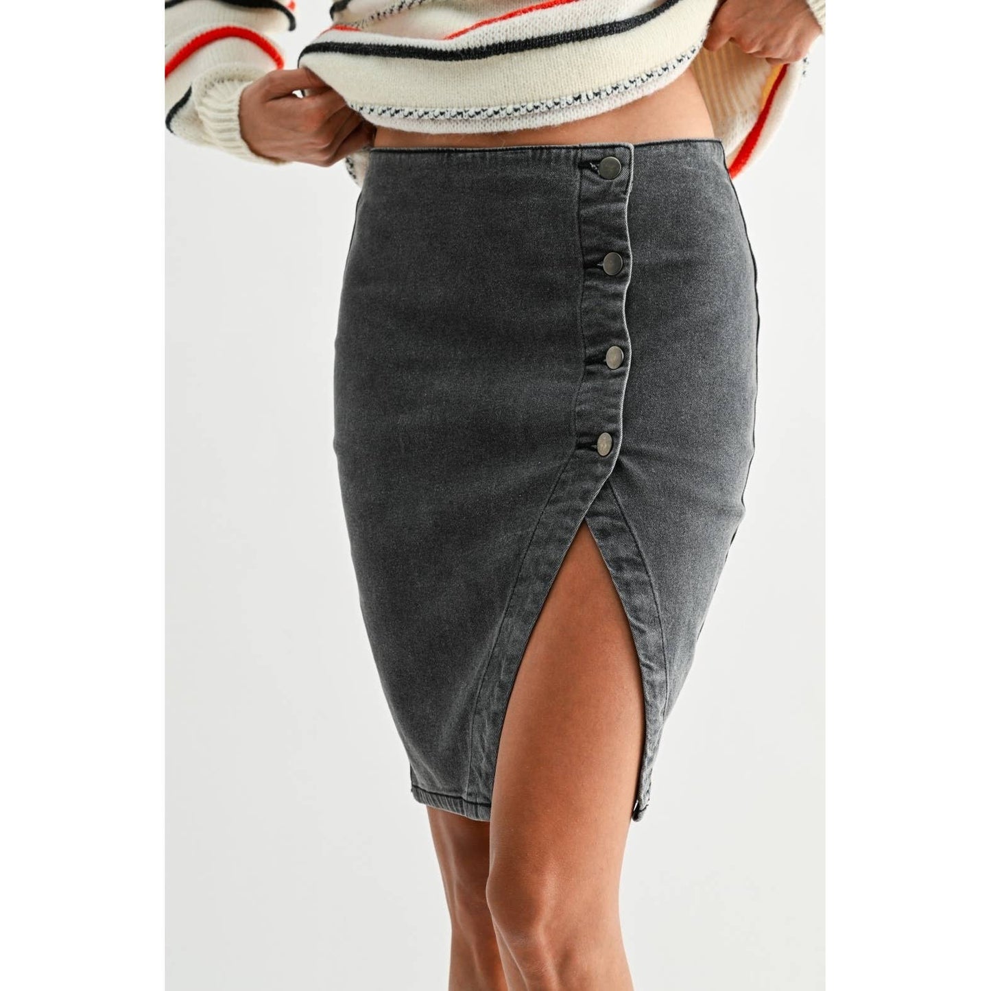 Washed Dark Grey Button Slit High-rise Denim Skirt