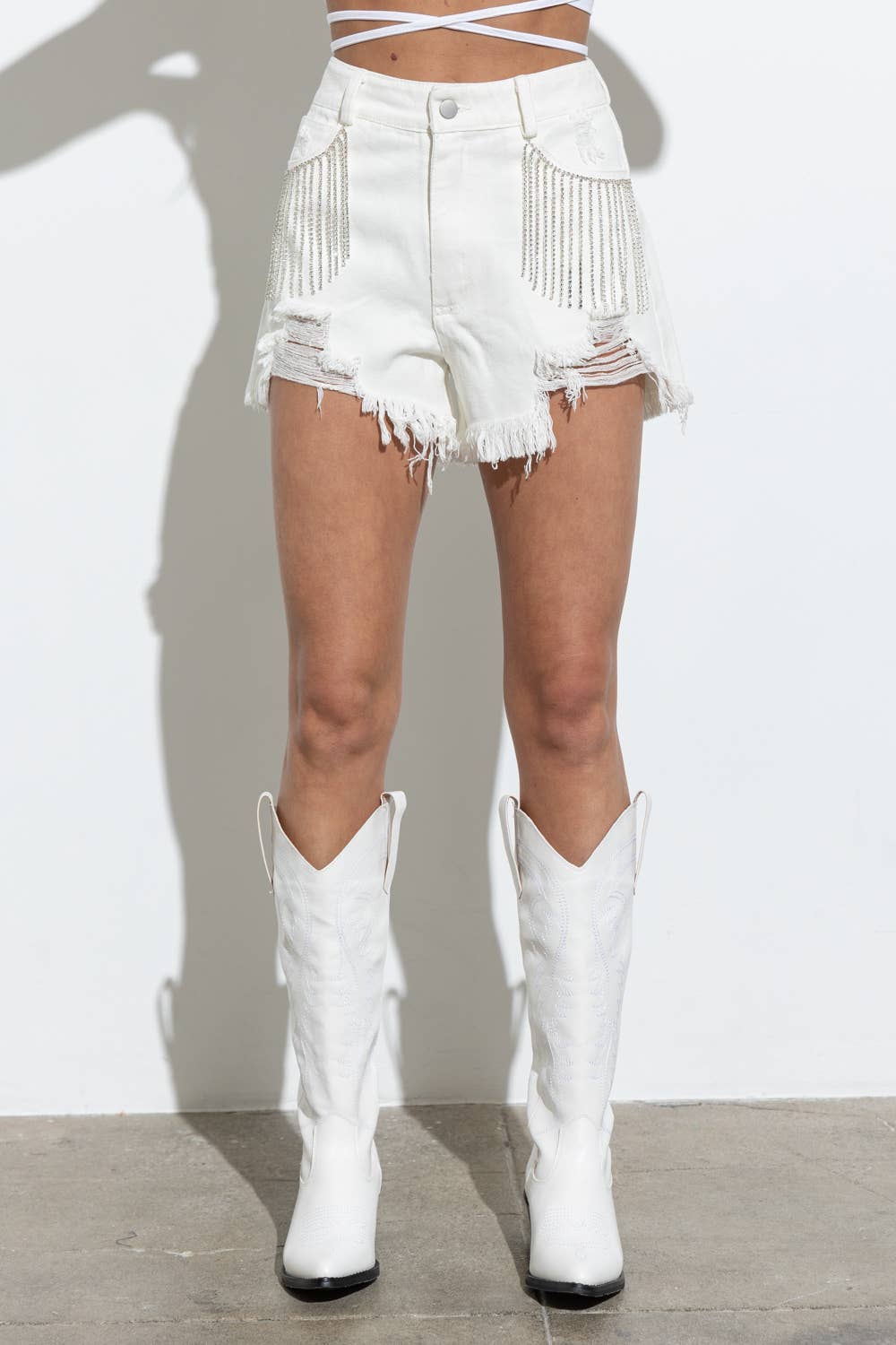 Distressed Frayed Detail Fringe Rhinestone Denim