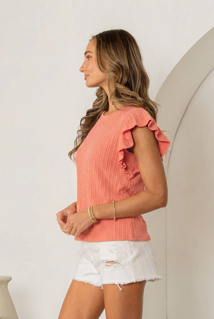 Relaxed Fit Ribbed Ruffle Sleeve Knit Top