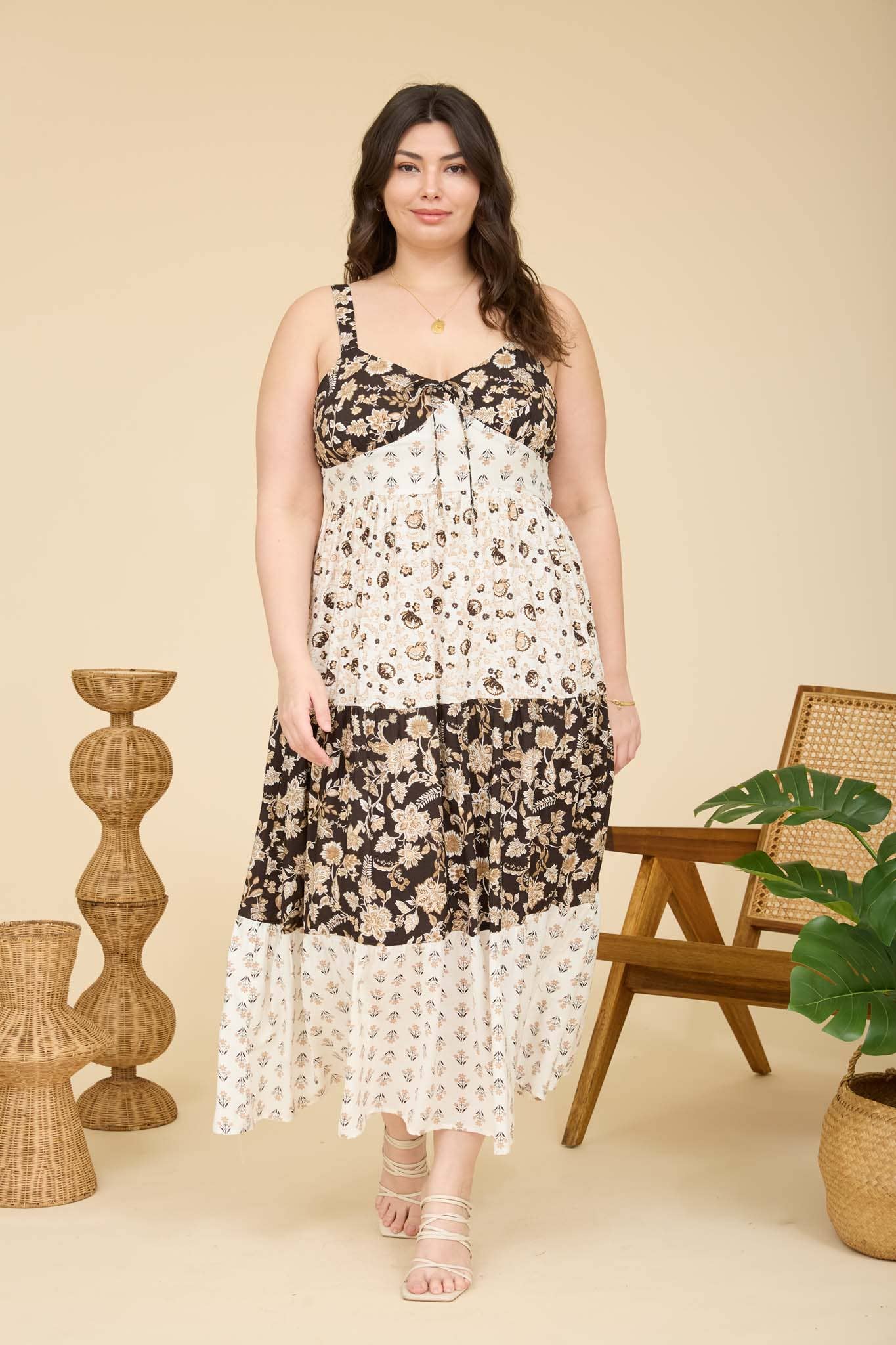 PLUS MIXED FLORAL SPAGHETTI TIERED MIDI DRESS