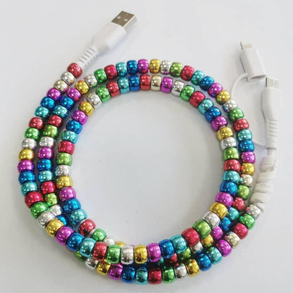 Metallic gloss Beaded Charging Cable 2 in 1 Phone Charger - Southern Sassy Boutique