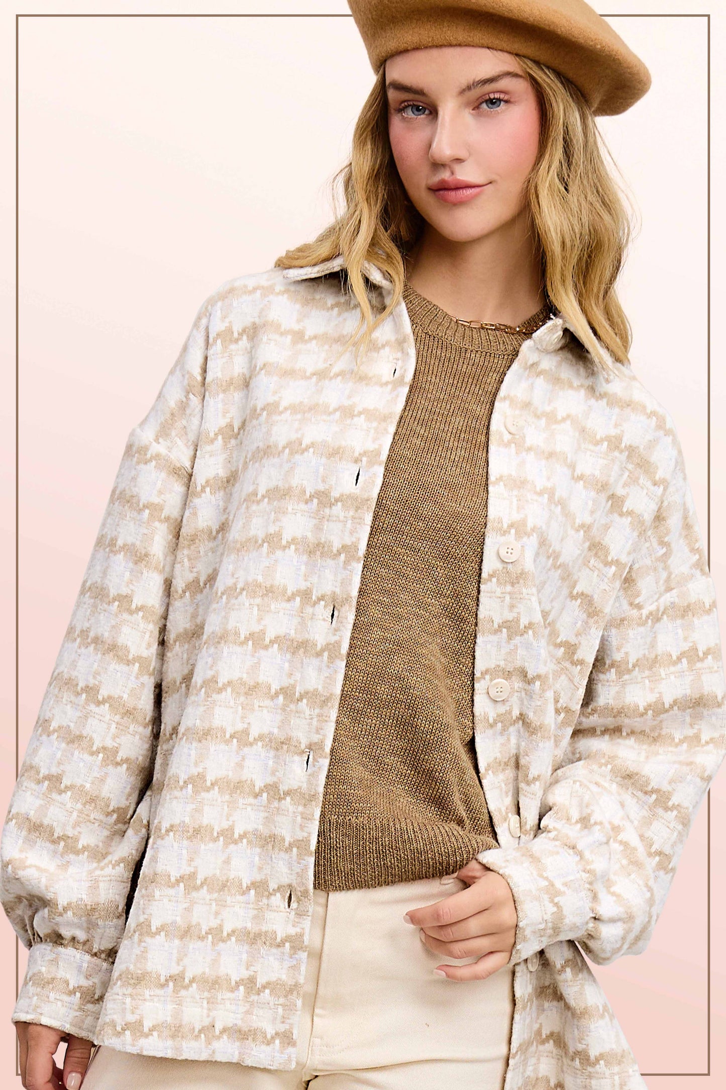 Oversized Houndstooth Patterned Soft Brushed Shacket
