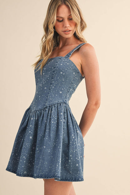 STAR PRINTED DENIM FLARED MINI DRESS - Southern Sassy Boutique