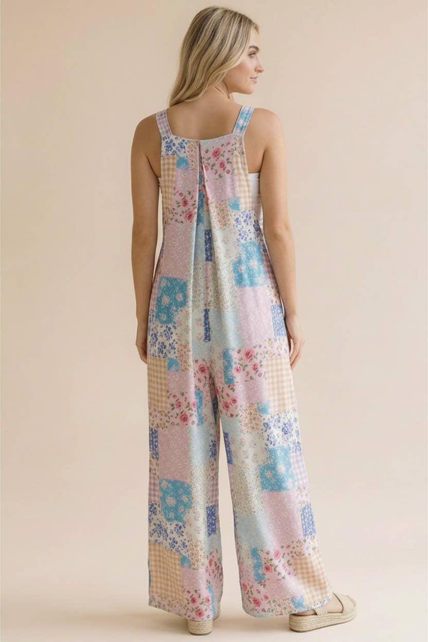 Floral Patchwork Wide Leg Bib Overalls
