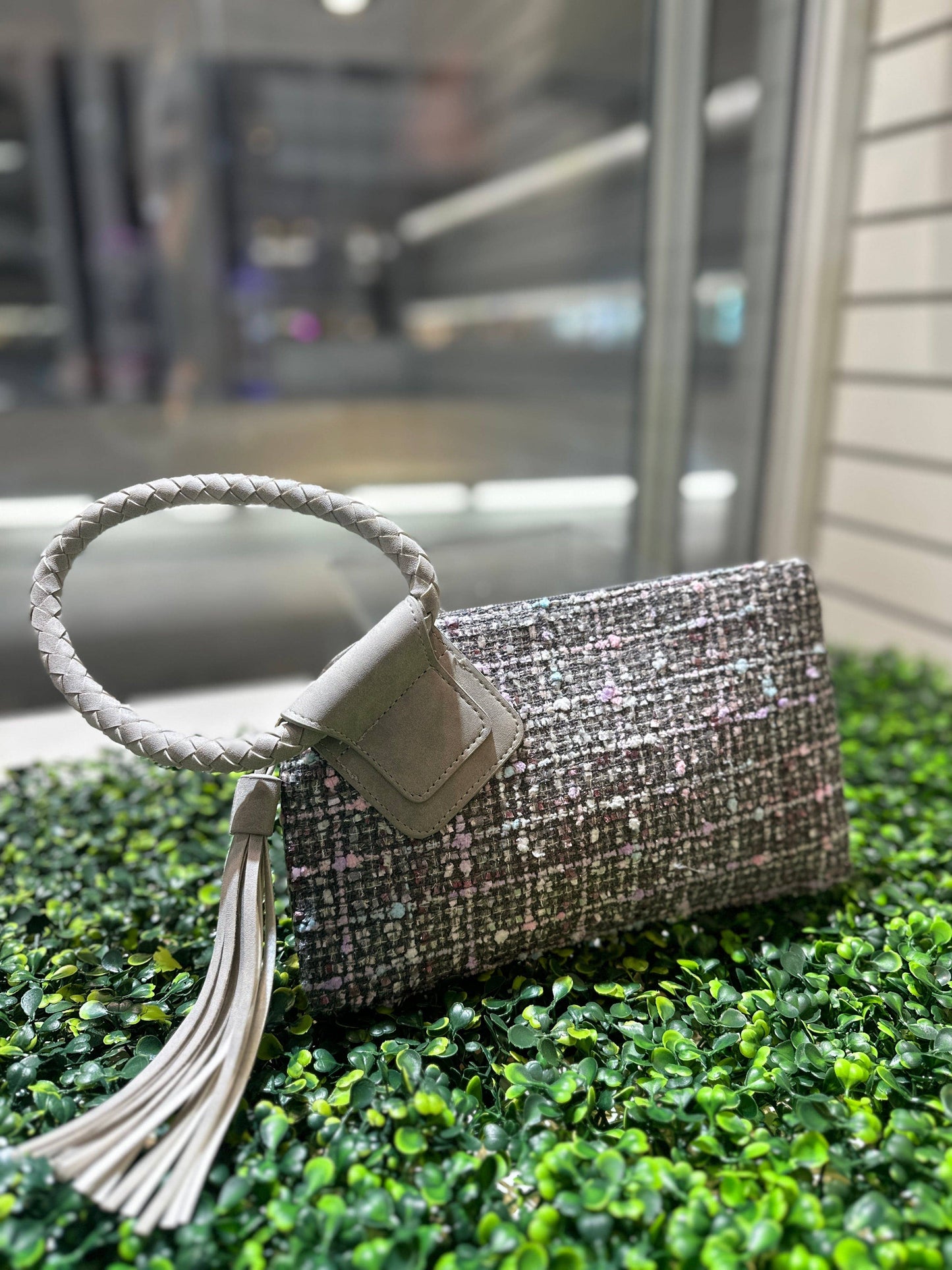 Tweed Cuff Handle Tassel Wristlet/Clutch