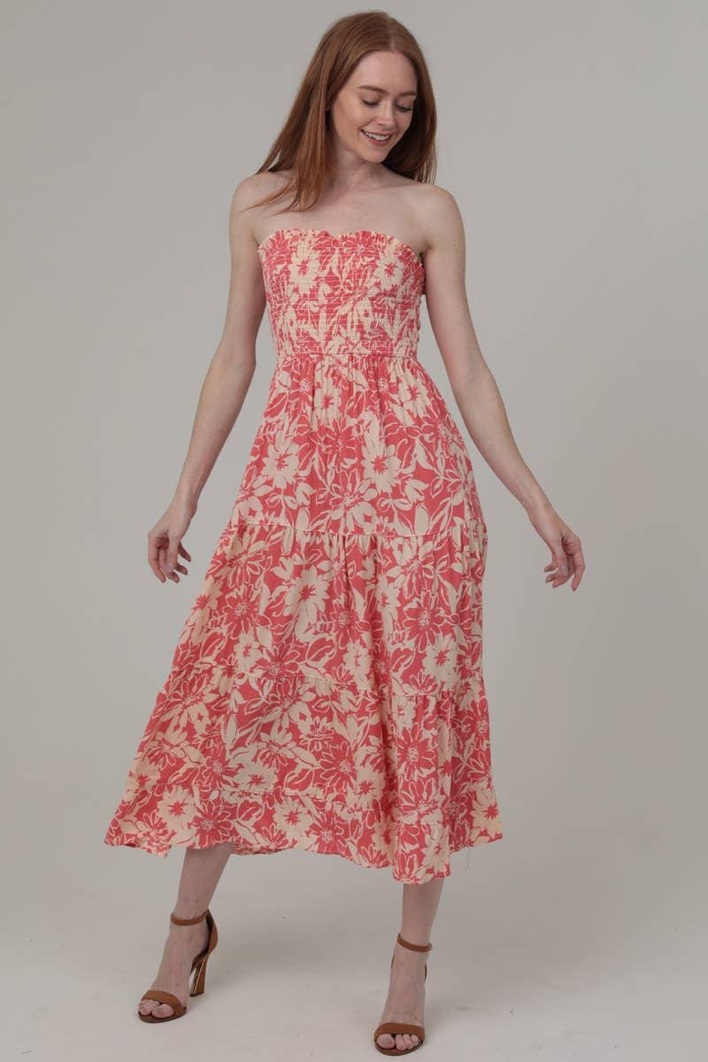 Strapless Floral Print Midi Dress