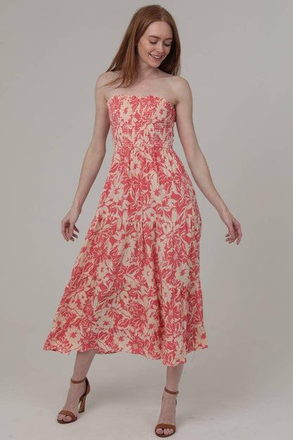 Strapless Floral Print Midi Dress