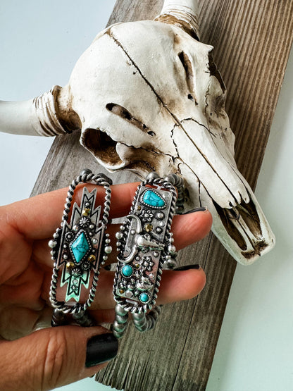 Western Steer Bracelet Navajo Style Turquoise Accent - Rhinestones - Southern Sassy Boutique