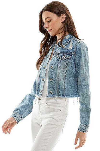 Ladies Distressed Denim Jacket - Southern Sassy Boutique