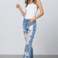 High Rise Heavy Destroyed Frayed Hem Straight Jeans
