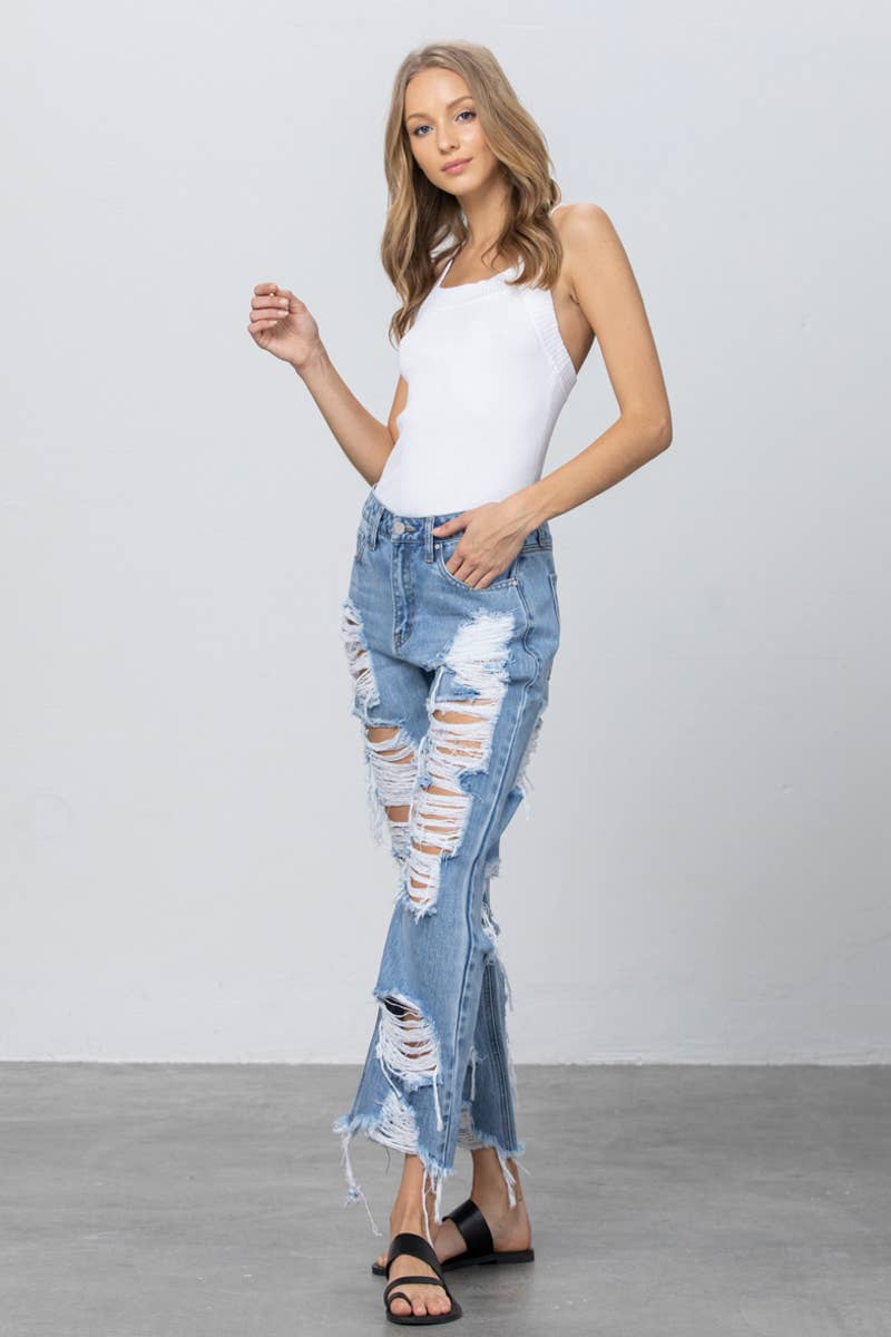High Rise Heavy Destroyed Frayed Hem Straight Jeans