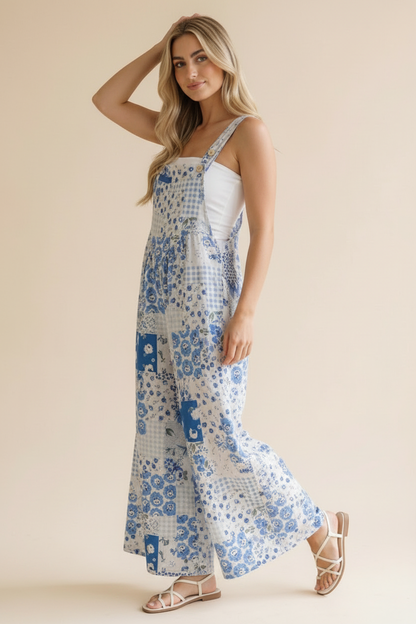 Floral Patchwork Wide Leg Bib Overalls