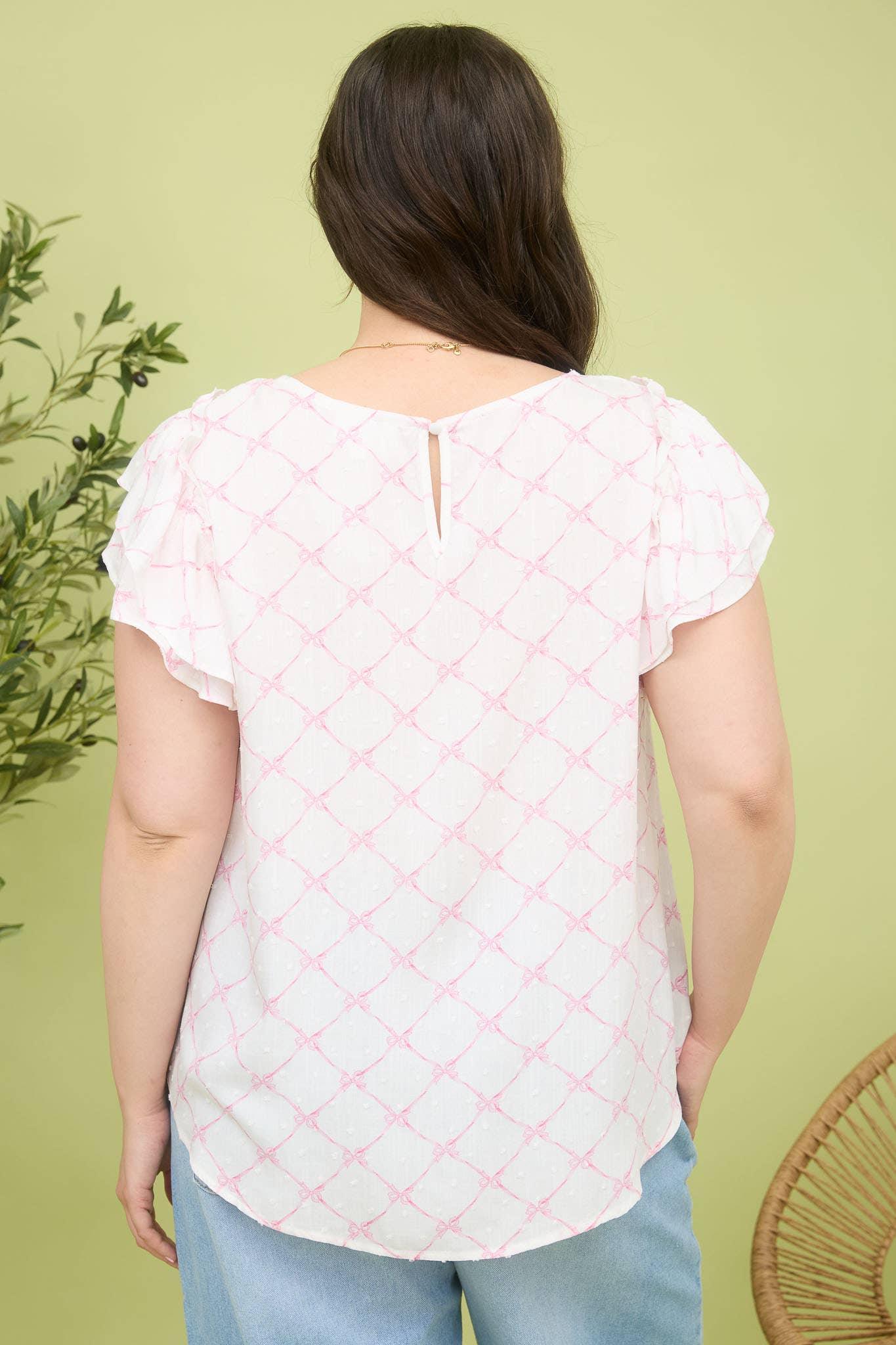 BOW CLIP DOT PATTERN RUFFLE SLEEVE BLOUSE - Southern Sassy Boutique