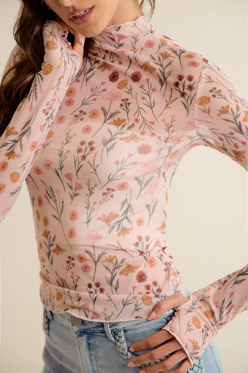 Floral Print Mesh Knit Long Sleeve Top