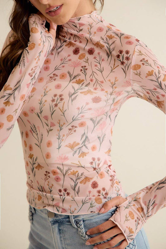Floral Print Mesh Knit Long Sleeve Top