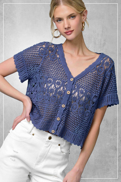 Open Knit Scallop Edge Button Down Cardigan