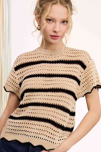 Round Neck Scalloped Edge Short Sleeve Sweater