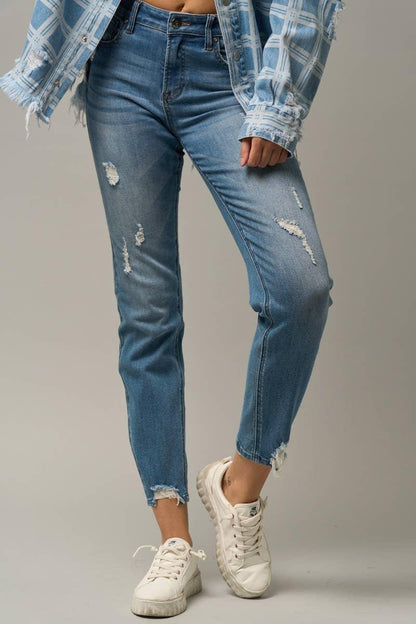 High Stretch Mid Rise Ripped Girlfriend Jeans - Southern Sassy Boutique