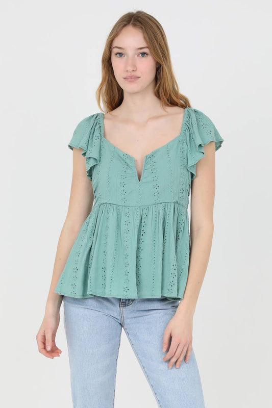 Eyelet Embroidered Notch Front Top