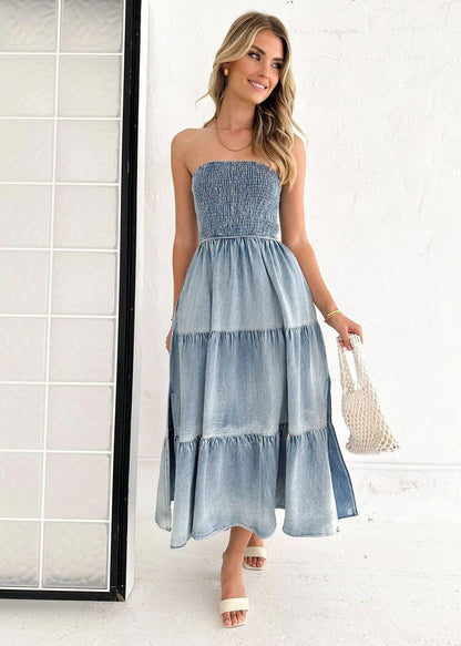Off-Shoulder Hem Slit Jean Dress - Southern Sassy Boutique