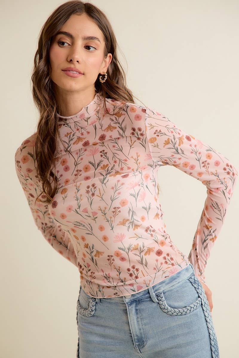 Floral Print Mesh Knit Long Sleeve Top