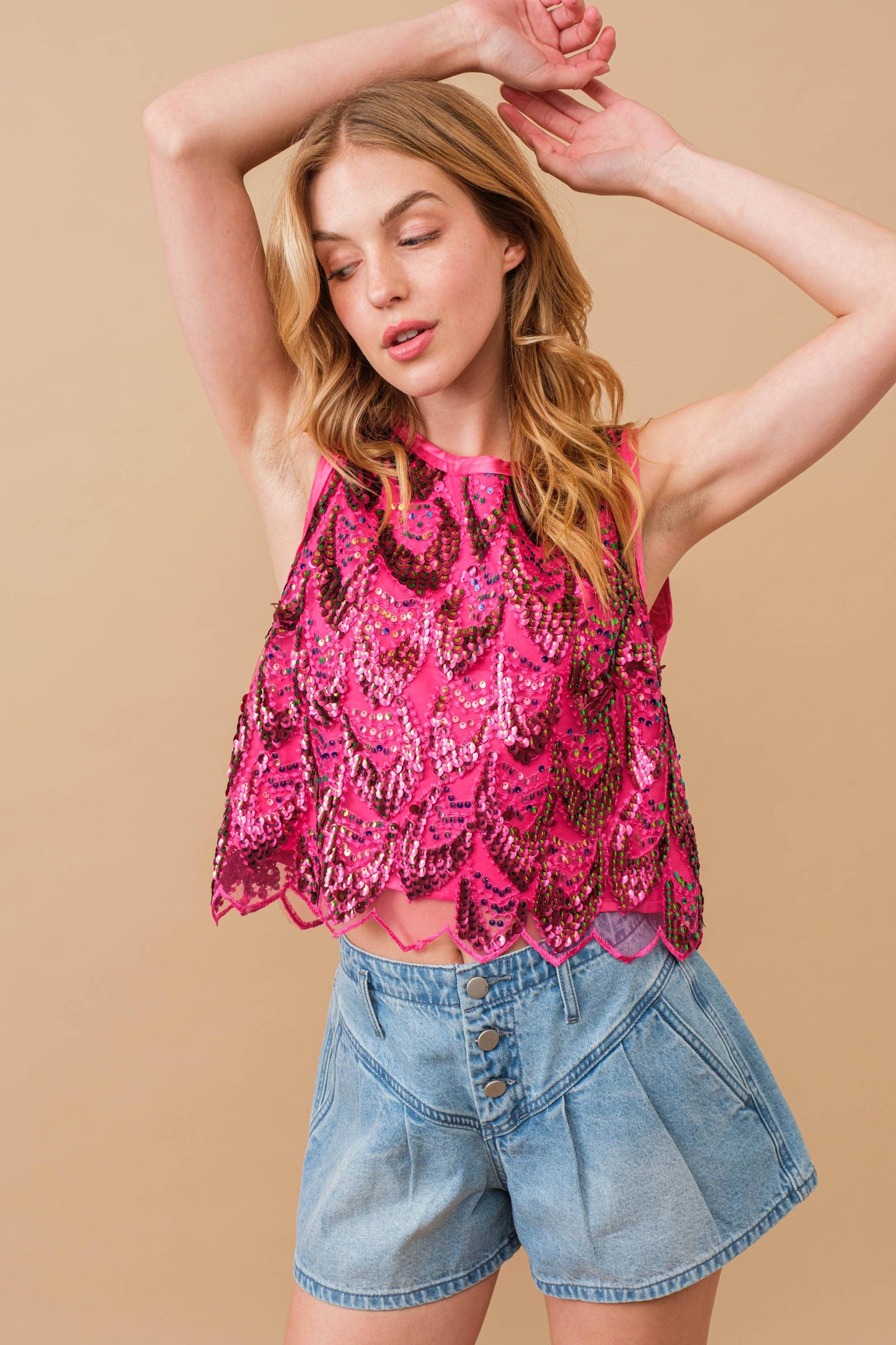 Embellished Sequin Scallop Crop Top