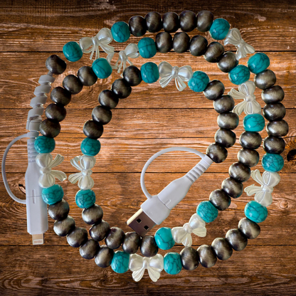 Cowboy Pearl, Turquoise, Pearl Bow Beaded 4-In-1 Charging Cable