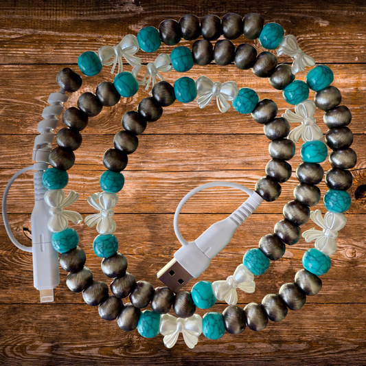 Cowboy Pearl, Turquoise, Pearl Bow Beaded 4-In-1 Charging Cable