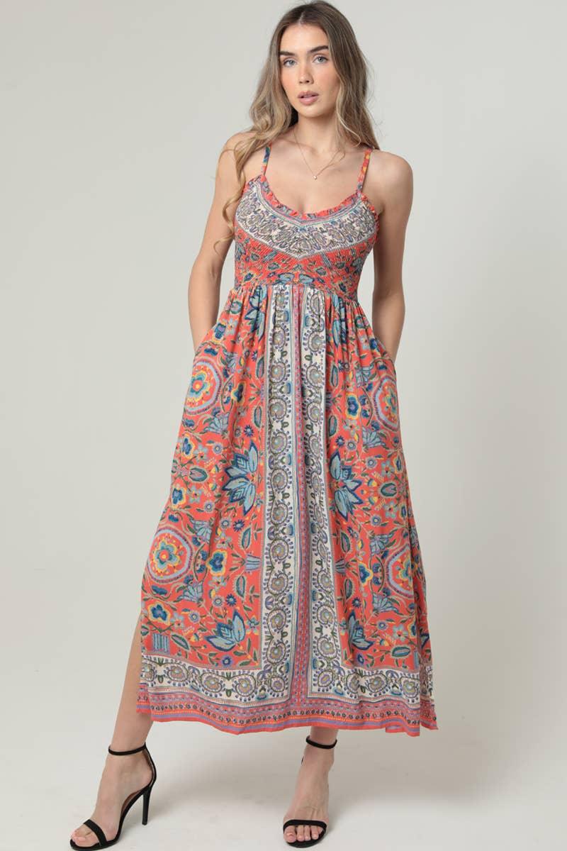 V Neck Smocked Bodice Maxi Dress With Pockets