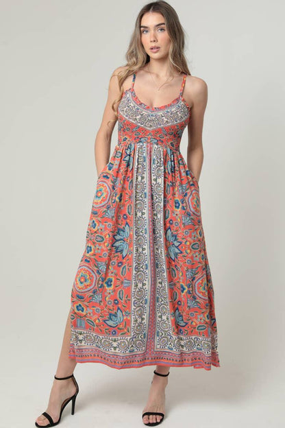 V Neck Smocked Bodice Maxi Dress With Pockets