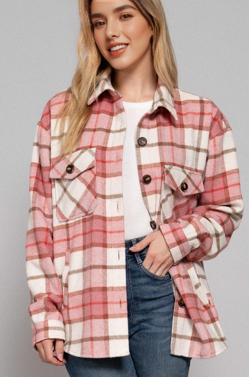 Wool Blend Plaid Jacket W/ Side Pockets