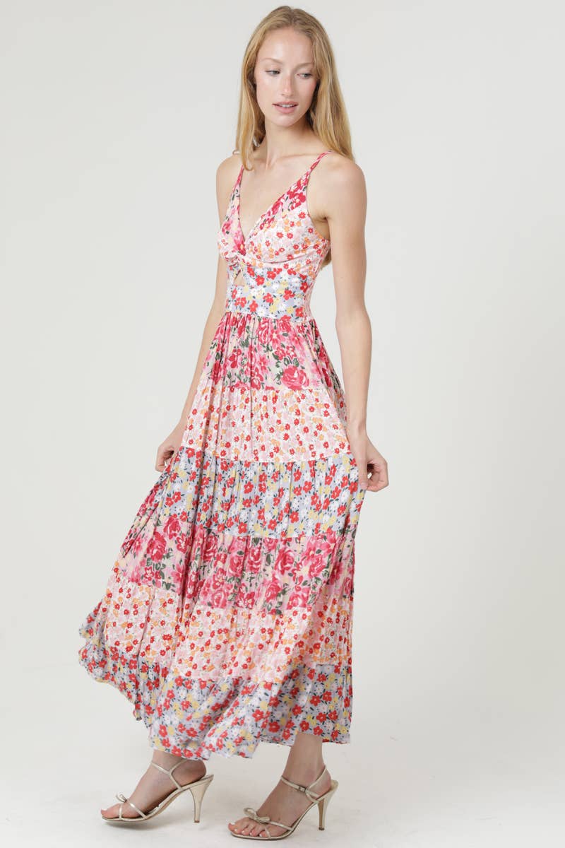 V Neck Twist Front Floral Tiered Maxi Dress