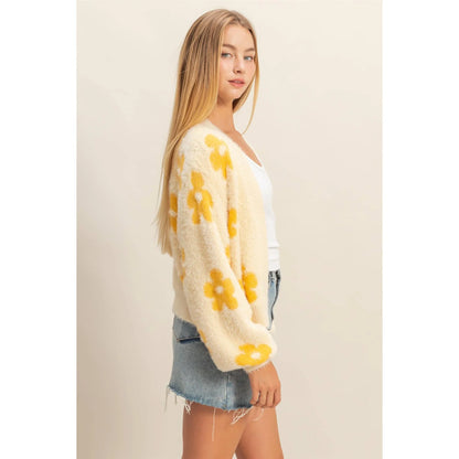 Floral Pattern Fuzzy Sweater Cardigan - Southern Sassy Boutique