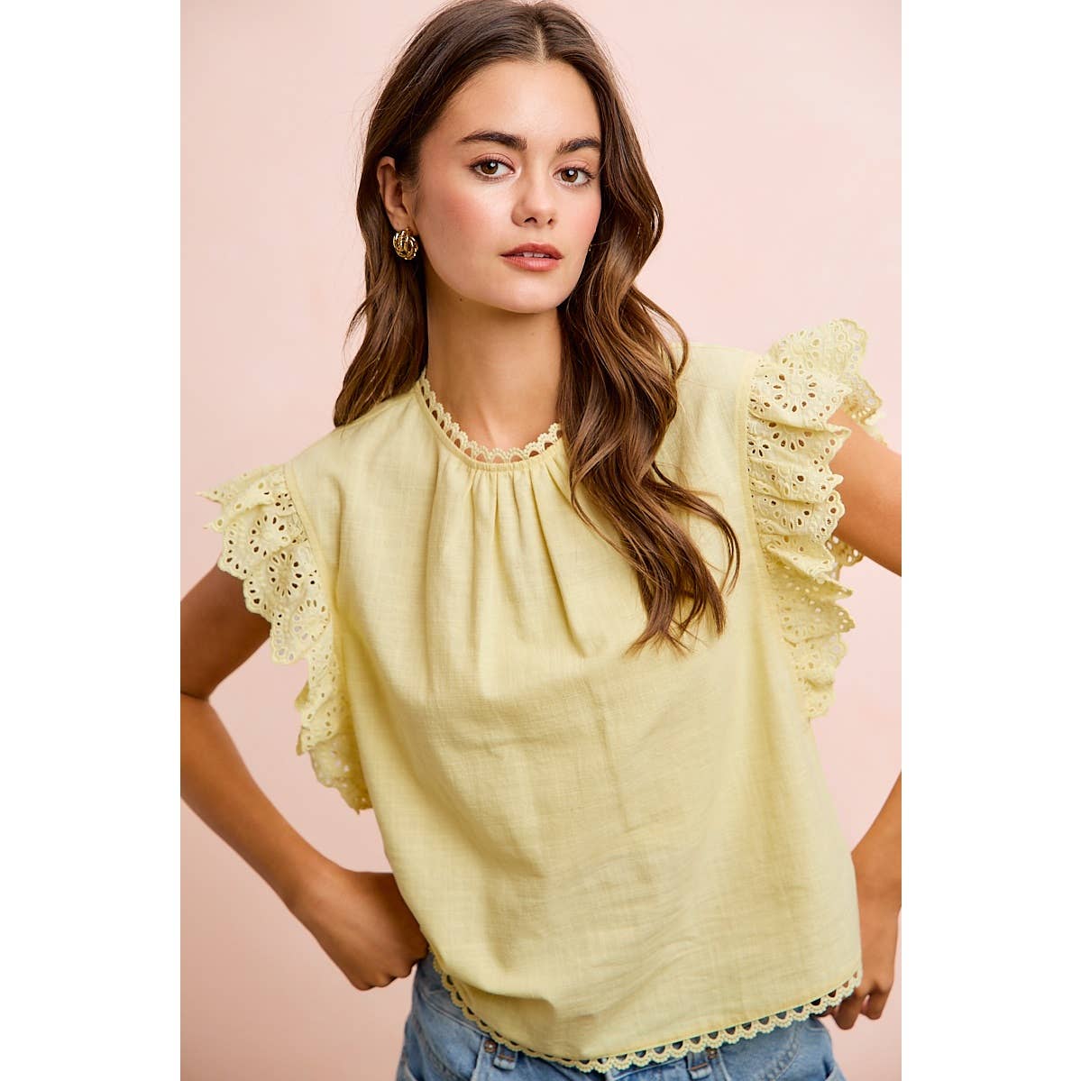 COTTON SOLID RUFFLE SLEEVE LACE DETAIL BLOUSE TOP