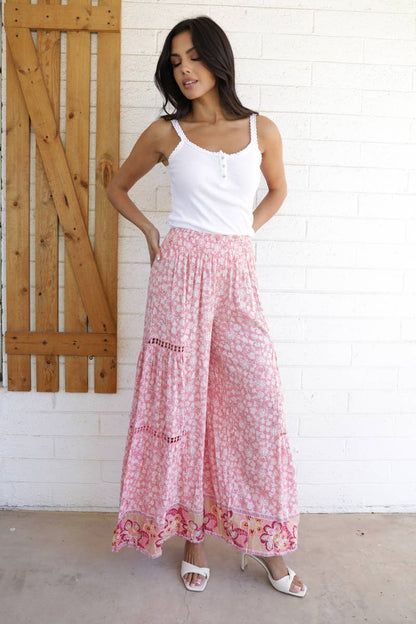 Lace Trim Boho Wide Leg Printed Pants