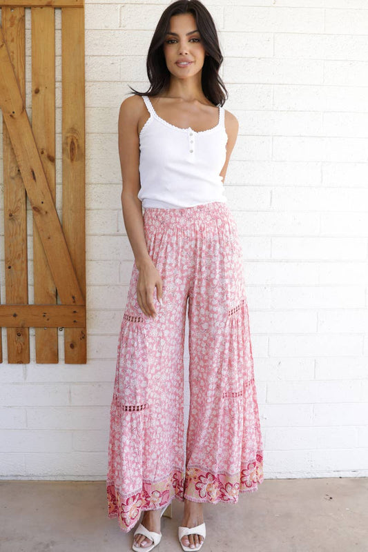 Lace Trim Boho Wide Leg Printed Pants