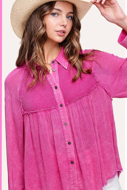 Soft Washed Button Down Waffle Textured Gauze Shirts - Southern Sassy Boutique