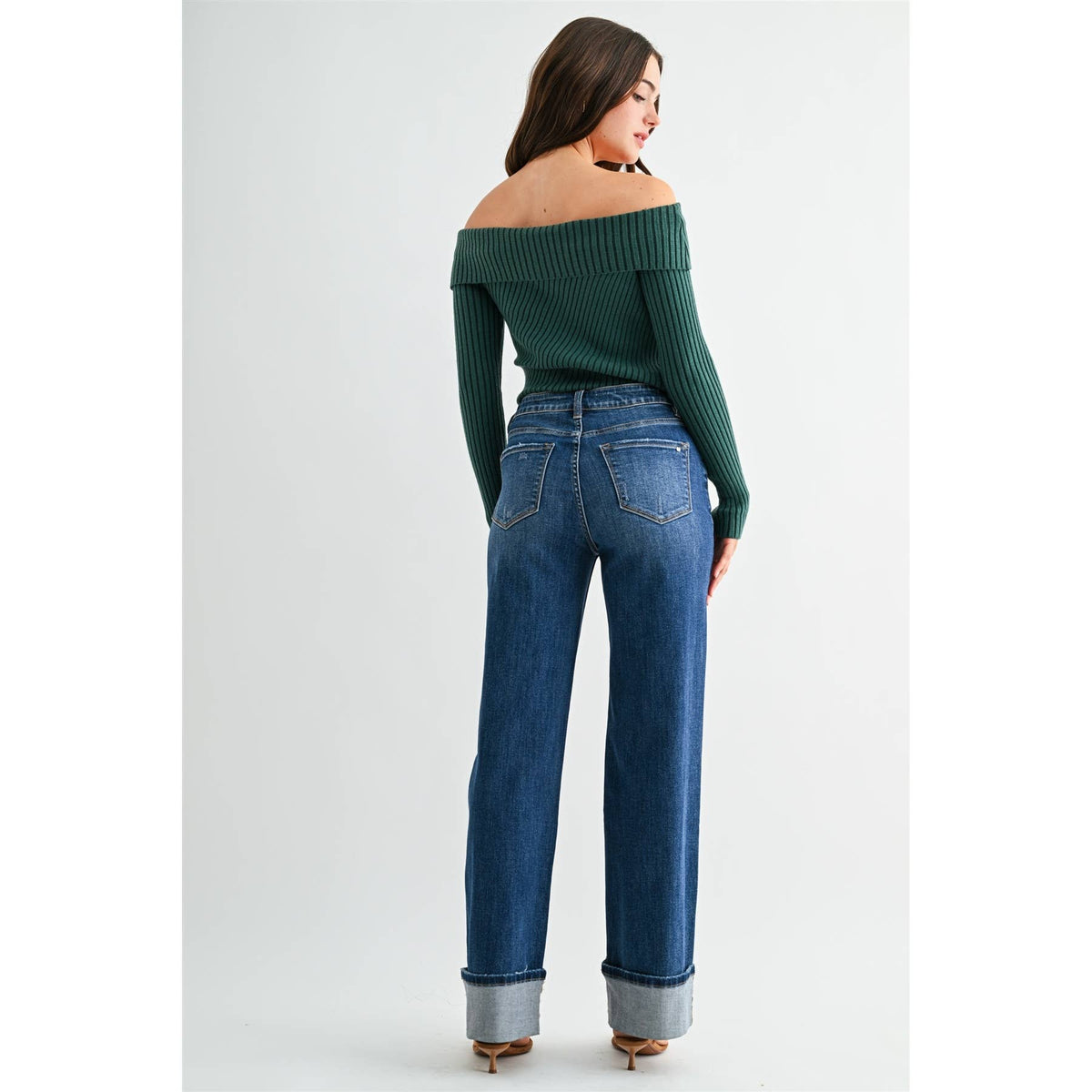 HIGH-RISE SLIM WIDE CUFFED LEG
